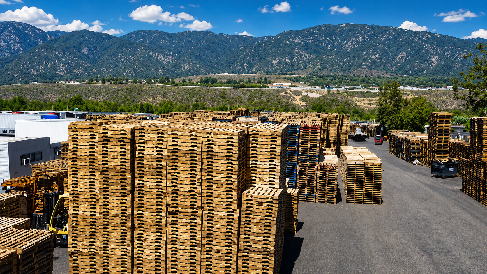 Stacked wood pallets in an industrial warehouse